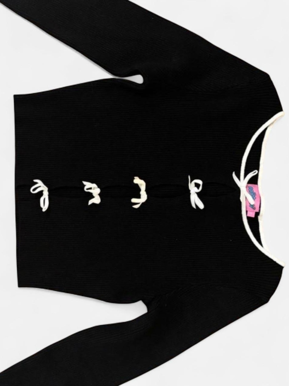 Edikted Black Ribbed Crewneck Sweater with White Tie Accents